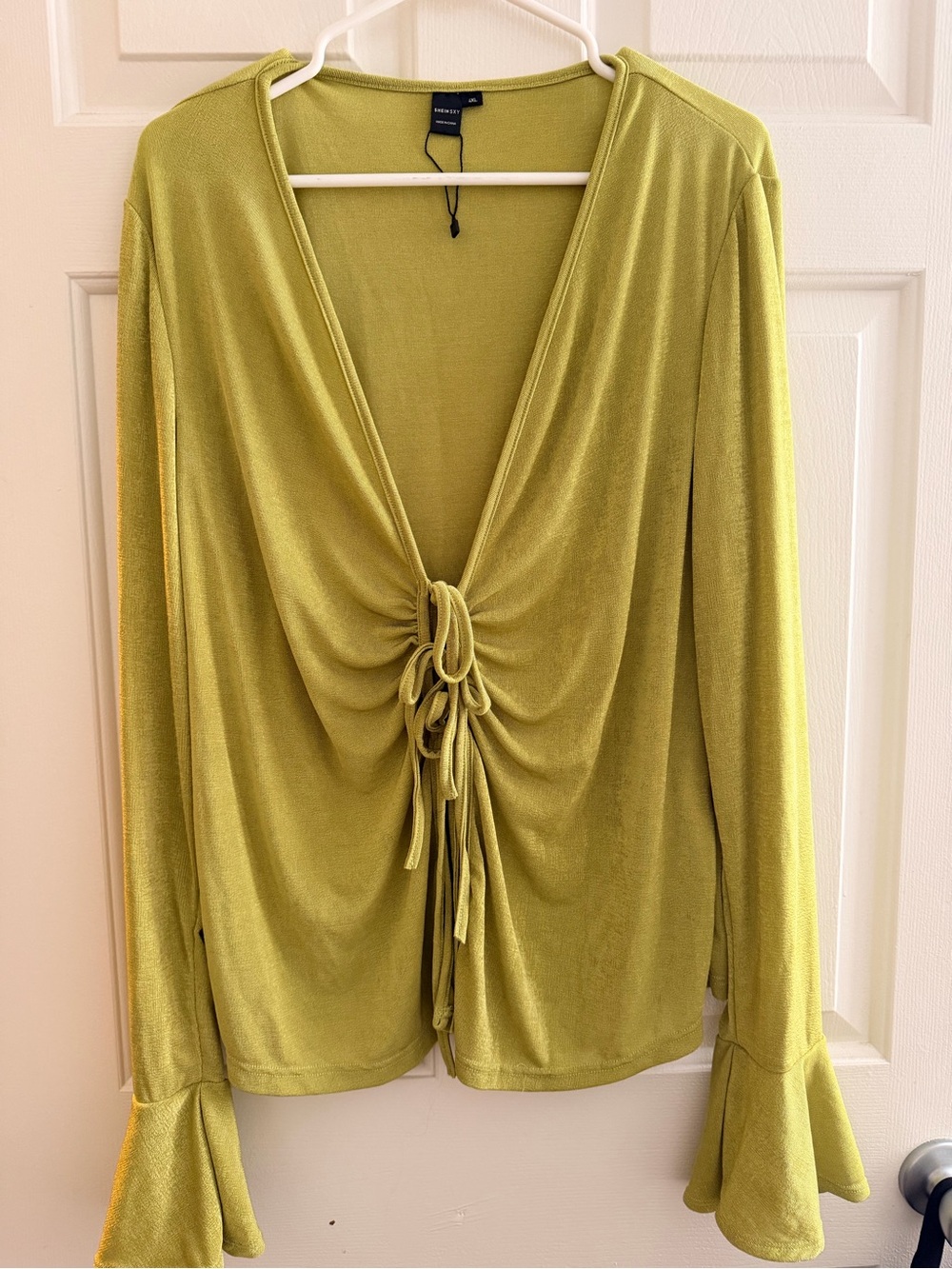 SHEIN Lime Green V-Neck Drawstring Long Sleeve Top